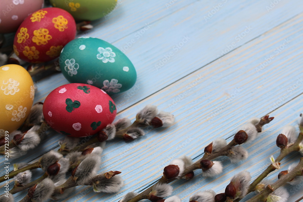 Obraz premium Willow and easter painted eggs lie on a blue background