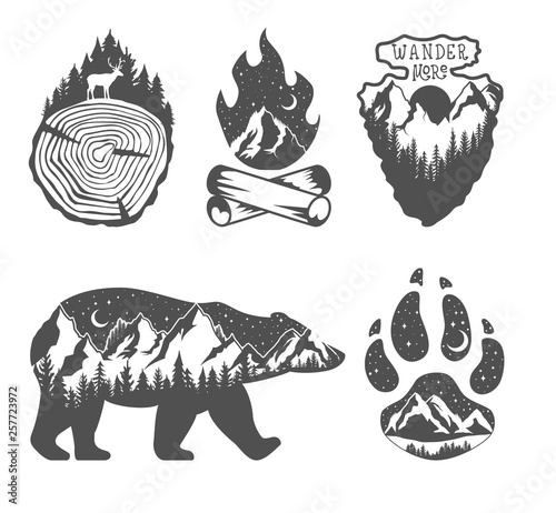 Double exposure. Wildlife concept. Hand drawn outdoor badges. Wild nature in black and white colors