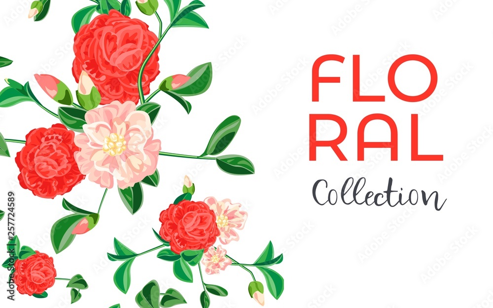 Camellia flower collection concept banner. Cartoon illustration of camellia flower collection vector concept banner for web design Camellia flower collection concept banner. Cartoon illustration of camellia flower collection vector concept banner for web design