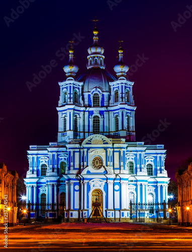 Smolny Cathedral at winter night, dark blue sky, St. Petersburg, Russia