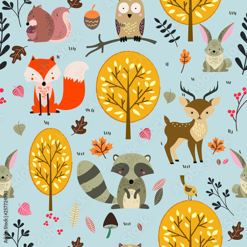 Woodland animal seamless background illustration