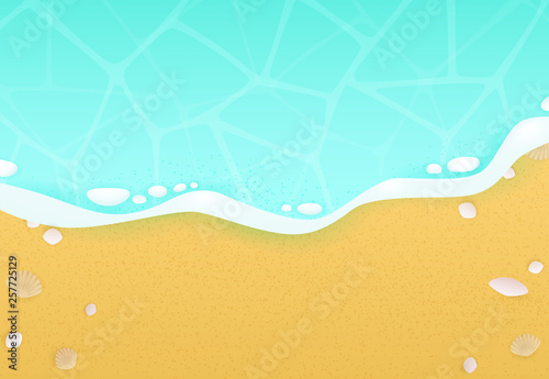Sea wave on sand with seashells vector illustration. Beach, summer resort, seaside. Vacation concept. Vector illustration can be used for topics like summer, travel, tourism