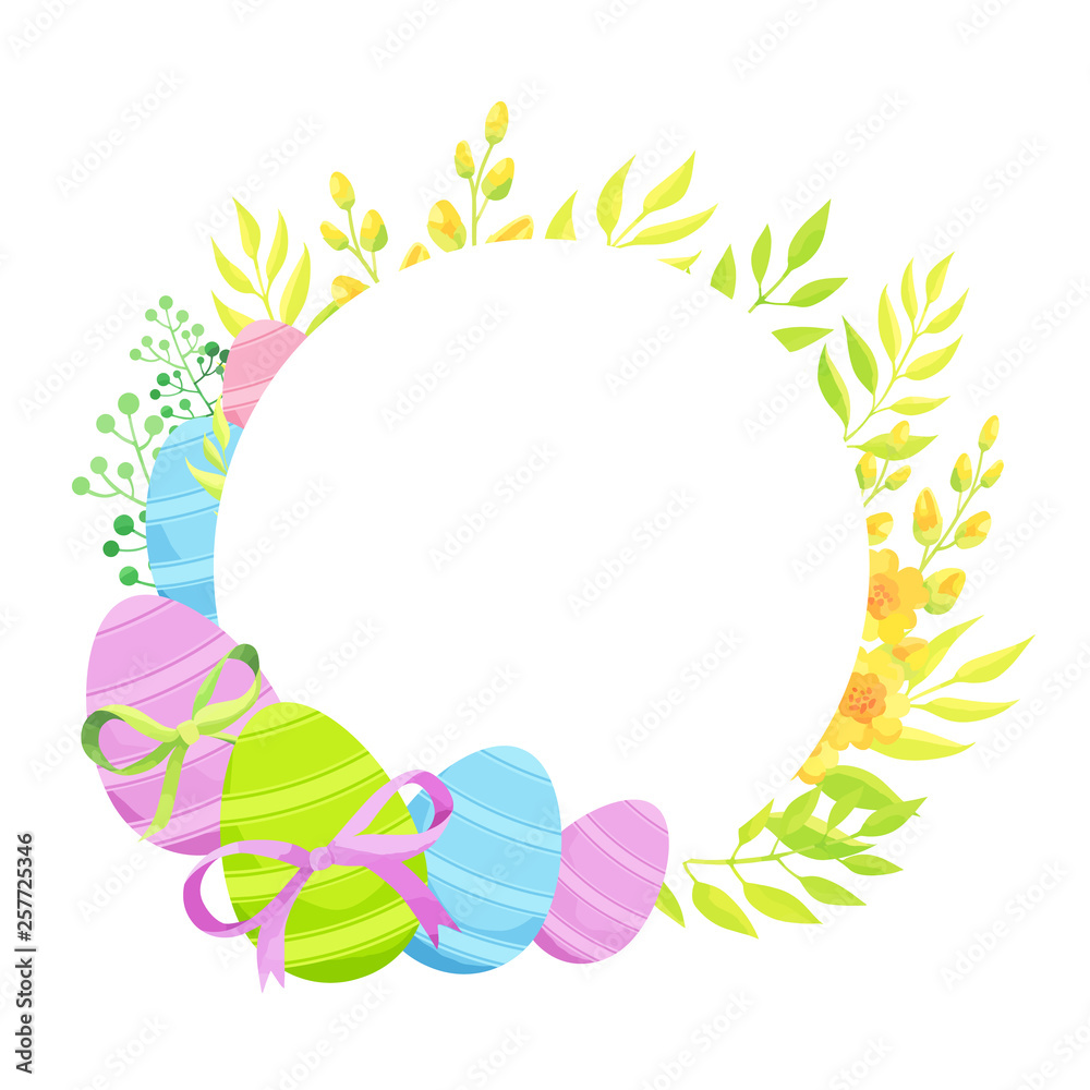 Happy Easter frame template with eggs and flowers. 