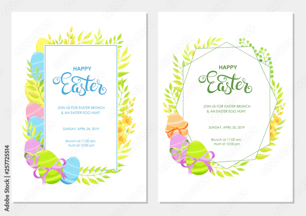 Happy Easter invitation with flowers, green leaves and eggs border. Easter invite modern card template set. 