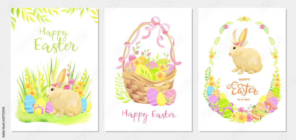 Happy Easter greeting card template set with rabbit, flowers, green leaves and eggs. 
