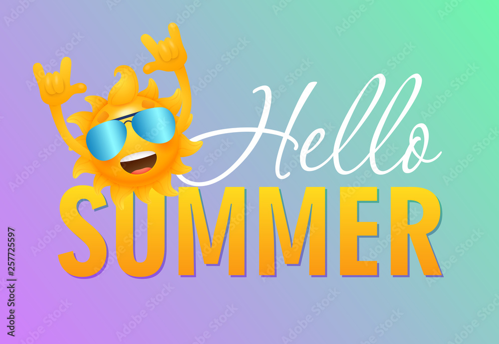 Hello summer lettering with cheerful sun cartoon character. Tourism, summer offer or sale advertising design. Handwritten and typed text, calligraphy. For brochures, invitations, posters or banners.
