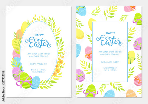 Happy Easter invitation with flowers  green leaves and eggs border. Easter invite modern card template set. 