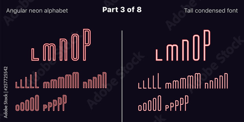 Condensed Red neon font, Angular. Vector set