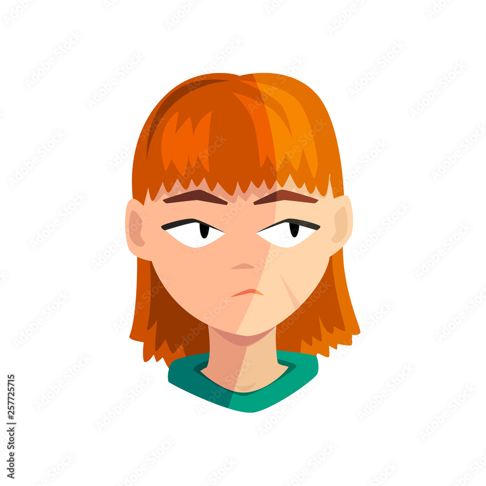 Bored redhead girl, female emotional face, avatar with facial expression vector Illustration on a white background Bored redhead girl, female emotional face, avatar with facial expression vector Illustration on a white background