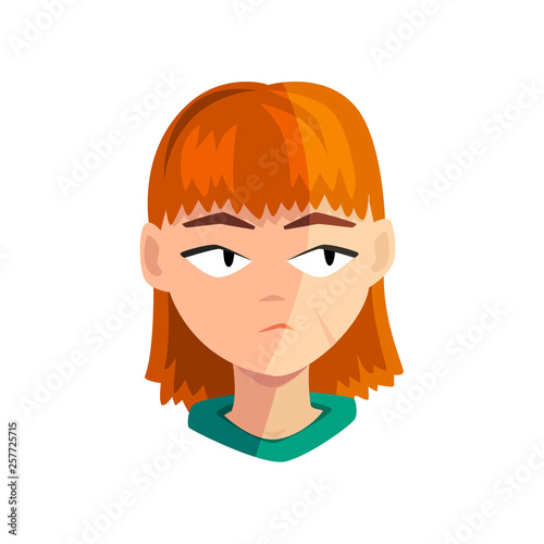 Bored redhead girl, female emotional face, avatar with facial expression vector Illustration on a white background