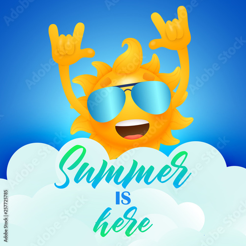 Summer is here lettering and cheerful sun cartoon character. Tourism  summer offer or sale design. Handwritten and typed text  calligraphy. For leaflets  brochures  invitations  posters or banners.