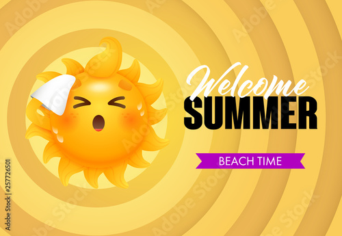 Welcome summer, beach time lettering with sun cartoon character. Tourism, summer offer or sale advertising design. Handwritten and typed text, calligraphy. For brochures, invitations, posters.