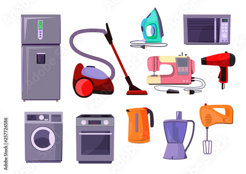 Home appliance illustration set. Fridge, oven, washing machine. Equipment concept. Can be used for topics like household, kitchen, cleaning