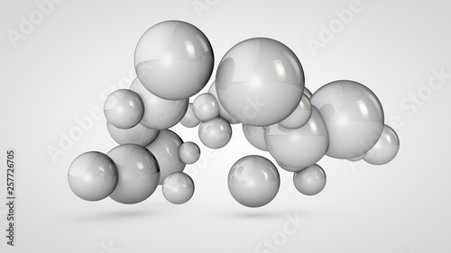 Fototapeta Naklejka Na Ścianę i Meble -  3D illustration of many white balls in space, arranged randomly. Abstract image of round objects connected to each other. Isolated on white background. 3D rendering