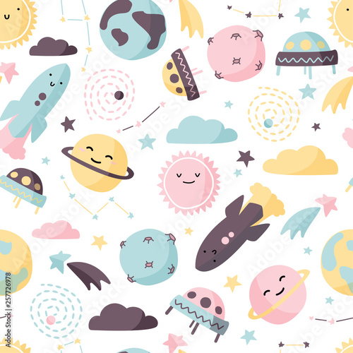 Cute space seamless pattern. Colorful kids background. © Elena