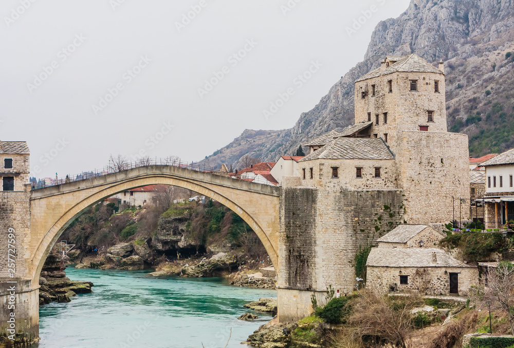 View of Stari Most a 16th-century Ottoman bridge over Neretva river in the city of Mostar in Bosnia Herzegovina