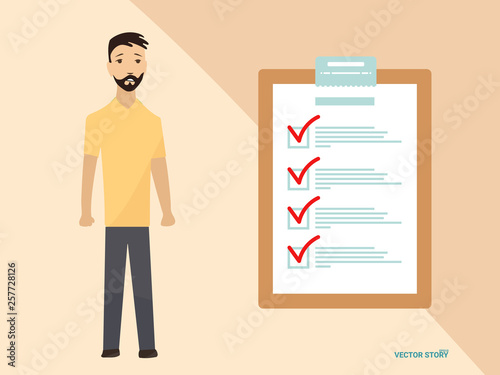 Man wth completing checklist on clipboard. Business concept