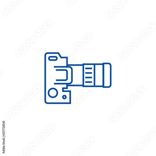 Camera dslr, top view line concept icon. Camera dslr, top view flat  vector website sign, outline symbol, illustration.