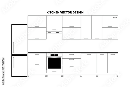 Vector illustration of sketch modern kitchen interior in linear flat style