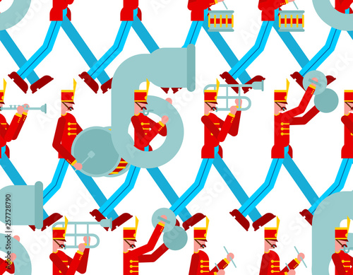 Military band pattern seamless. Soldiers with musical instruments. enlisted man and drum and trombone.