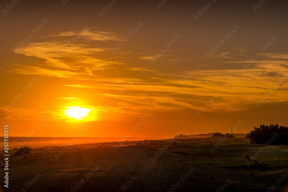 Golden sunset on the beach with the sun over the beach Golden sunset on the beach with the sun over the beach
