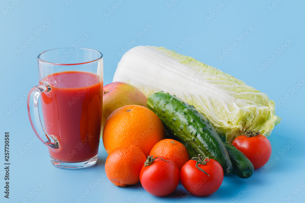 vegetables and a glass of tomato juice, healthy food vegetables and a glass of tomato juice, healthy food