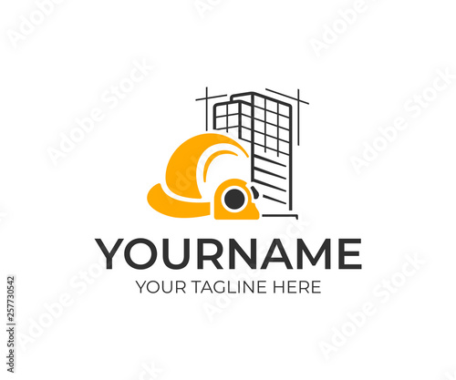 Building construction logo design. Construction helmet and measure tape vector design. Construction site logotype photo