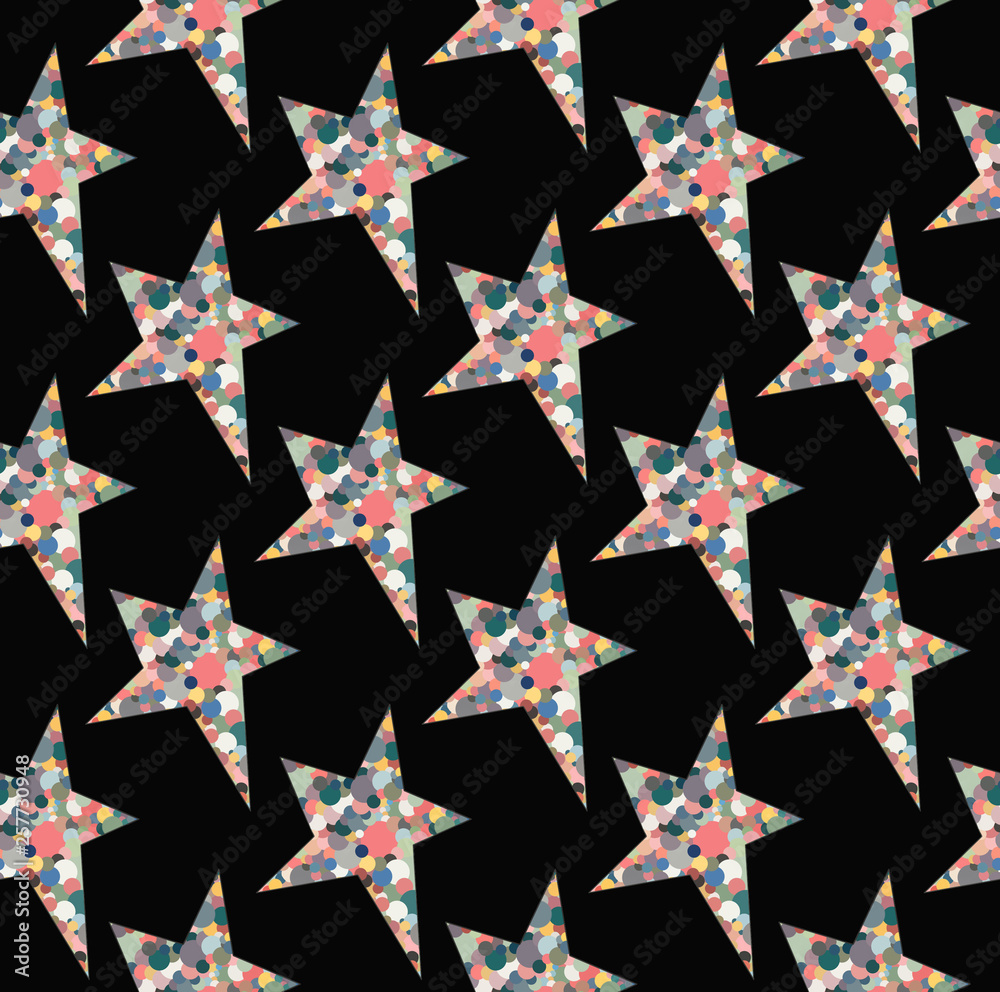 Obraz premium Star on a black background painted with colored circles, seamless pattern.