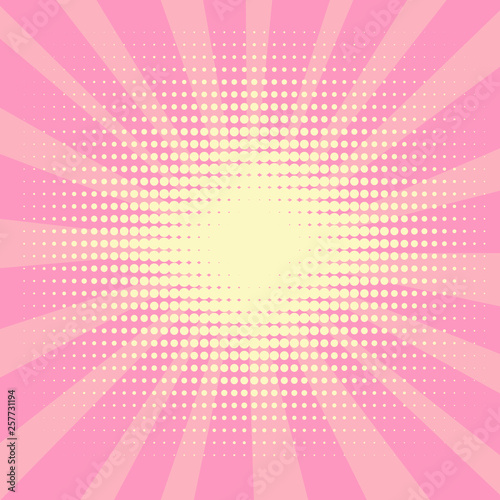 Pop art background, the rays of the sun of yellow color turn into pink or crimson.Circles, balls of different shapes. Raster