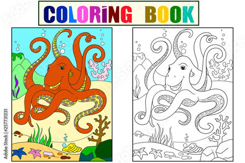 Color and coloring cartoon animal friends in nature. black lines, white background. Underwater world, octopus on the ocean floor
