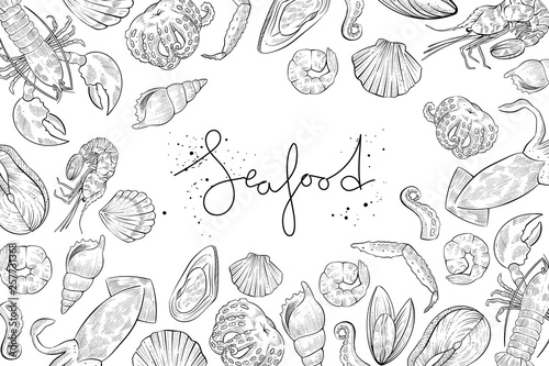 Different seafood products  vector engraving style