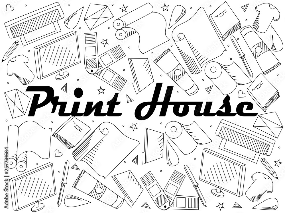 Print house coloring book line art design raster. Separate objects. Hand drawn doodle design elements.