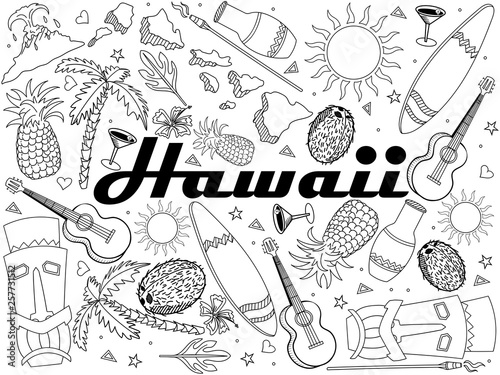 Hawaii coloring book line art design raster. Separate objects. Hand drawn doodle design elements.