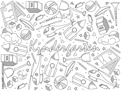 Fototapeta Naklejka Na Ścianę i Meble -  Kindergarten coloring book line art design raster. Separate objects. Hand drawn doodle design elements.