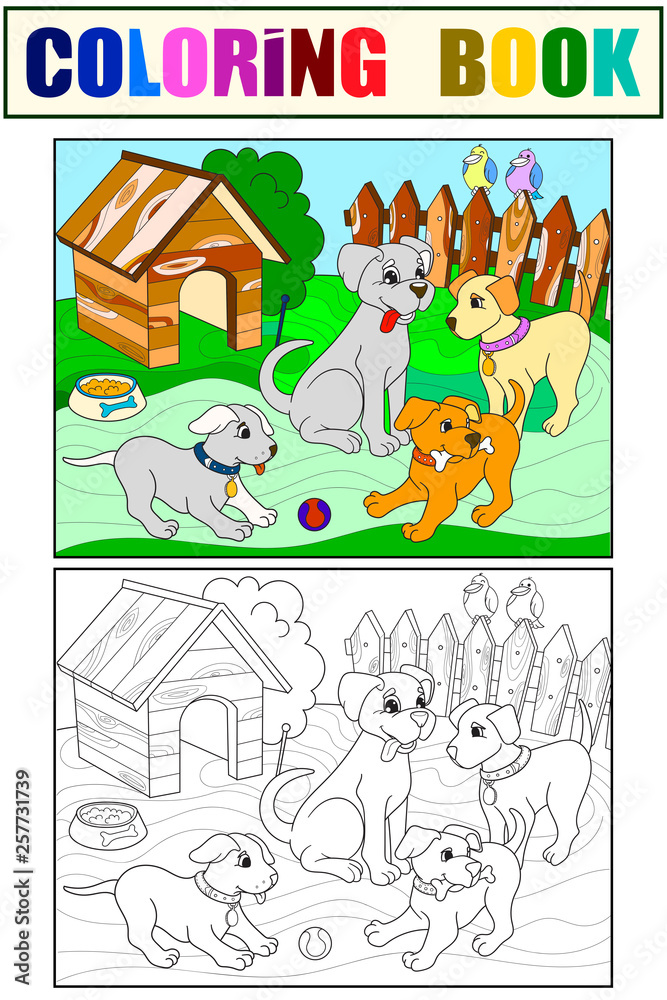 Fototapeta premium Childrens color and coloring book cartoon family on nature. Mom dog and puppies children