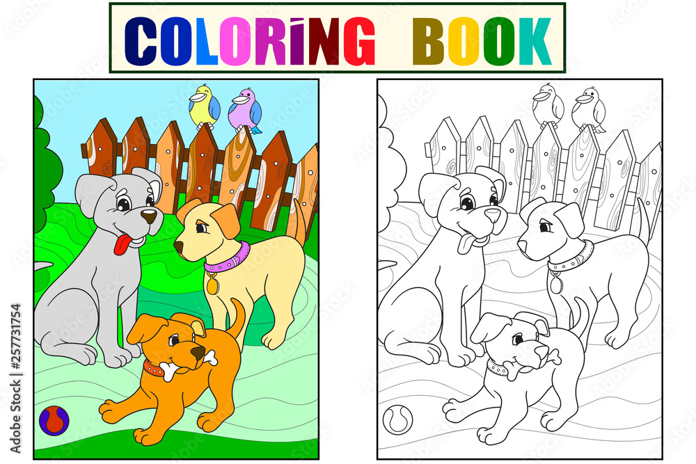 Fototapeta premium Childrens color and coloring book cartoon family on nature. Mom dog and puppies children