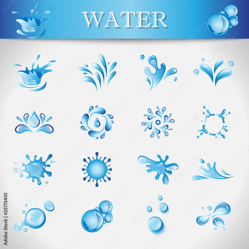 Water Splash And Drop Icons - Isolated On Gray Background. Vector Illustration Of Water Splash and Drop Icons. Set For Websites, Label, Sticker, Logo Template And Design Elements
