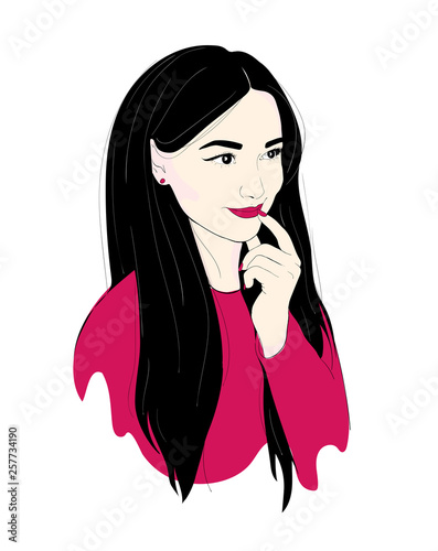 A woman thinks or dreams. Make plans. Fashion illustration of a brunette girl portrait with long hair and beautiful make-up.