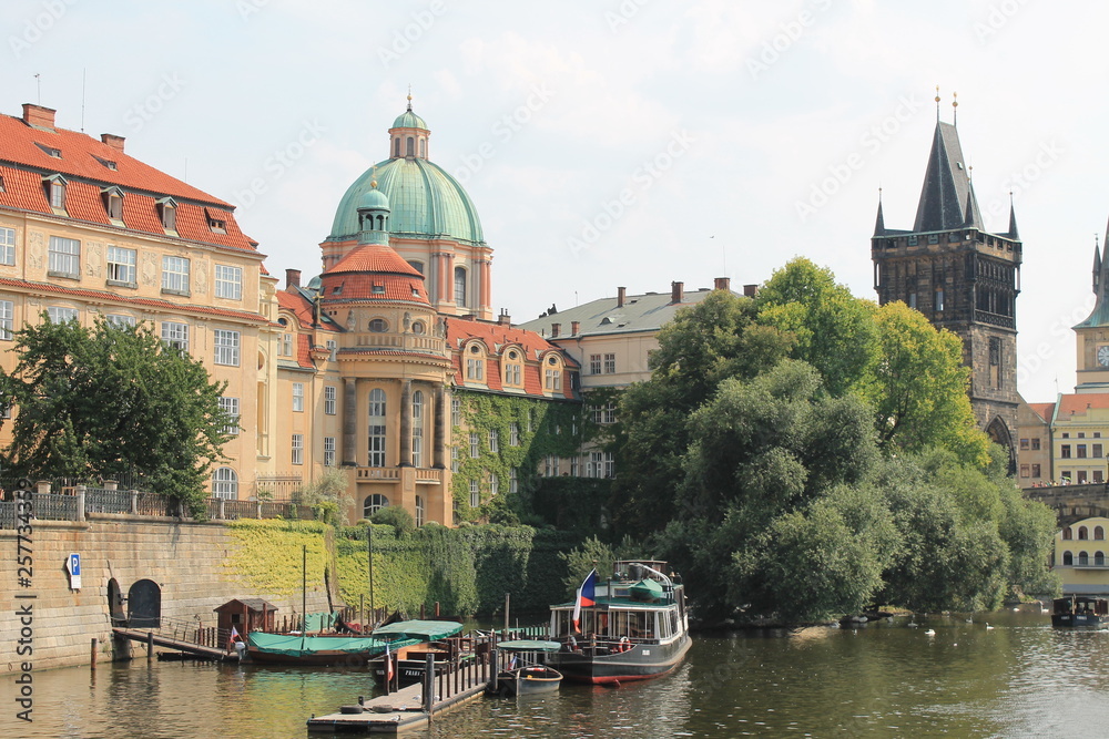 View from the Vltava river on the monastery and Basilica of St. Francis of Assisi in Prague Czech Republic