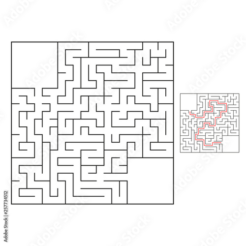 Abstract square maze. Game for kids. Puzzle for children. One entrance, one exit. Labyrinth conundrum. Flat vector illustration isolated on white background. With answer.