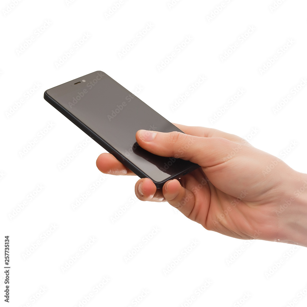 Man hand holding horizontal the black smartphone with blank screen, isolated on white background Man hand holding horizontal the black smartphone with blank screen, isolated on white background