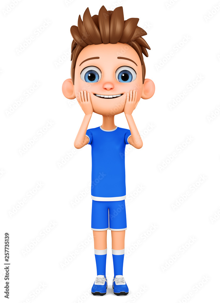 Cartoon character boy in blue uniform happy to surprise on white  background. 3d rendering. Illustration for advertising. Stock Illustration  | Adobe Stock