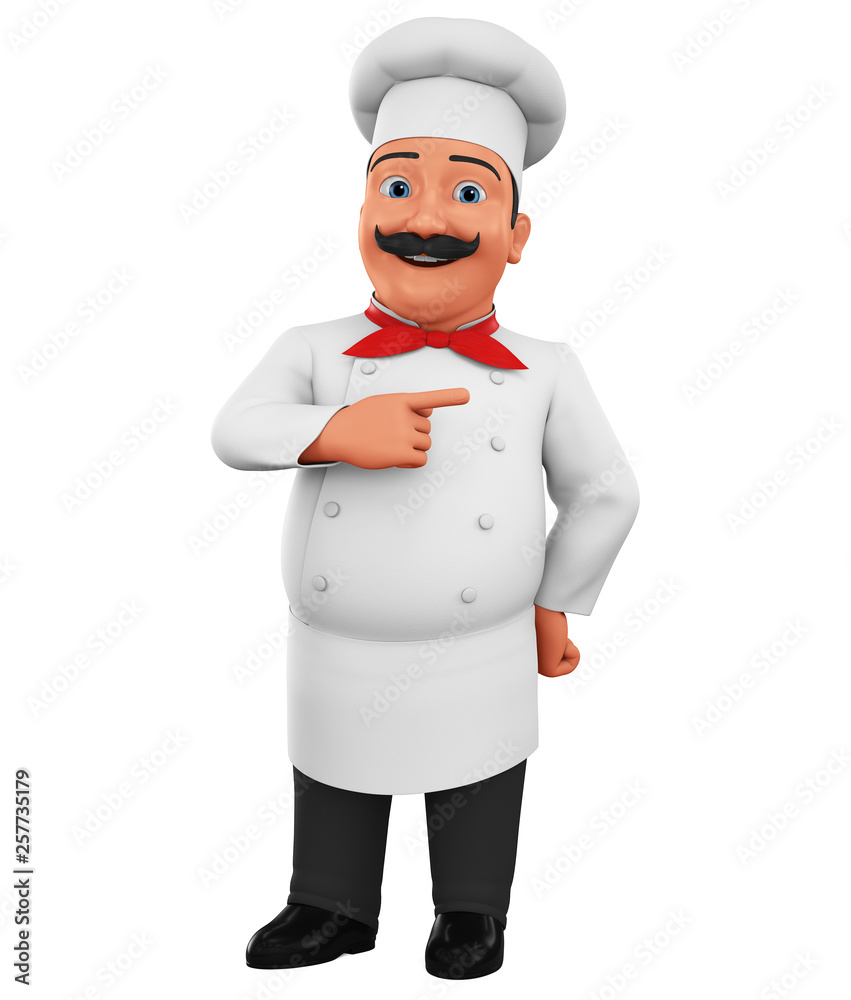 Cartoon character chef points a finger at an empty space. 3d rendering. Illustration for advertising. Cartoon character chef points a finger at an empty space. 3d rendering. Illustration for advertising.