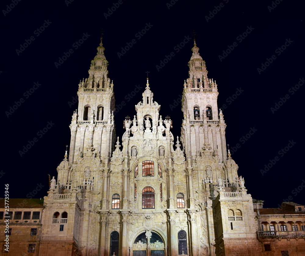 Cathedral at night, baroque facade and towers. Santiago de Compostela, Plaza del Obradoiro. Spain.