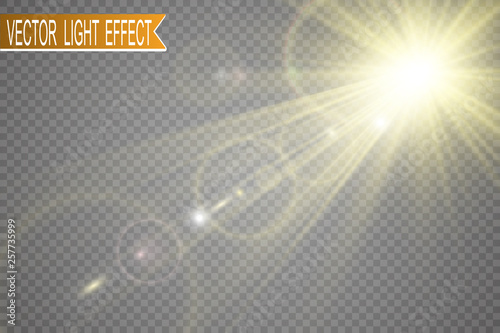Special lens flash, light effect. The flash flashes rays and searchlight. illust.White glowing light. Beautiful star Light from the rays. The sun is backlit. Bright beautiful star. Sunlight. Glare.