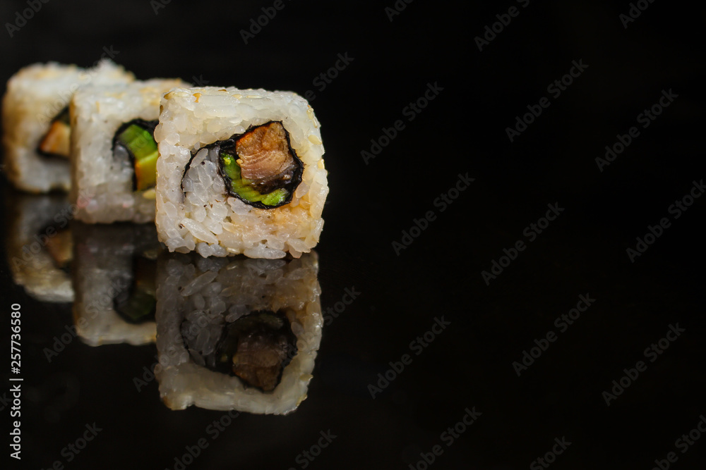 sushi rolls. Fresh and delicious portion - Sushi menu. Japanese food. food background. Top sushi rolls. Fresh and delicious portion - Sushi menu. Japanese food. food background. Top