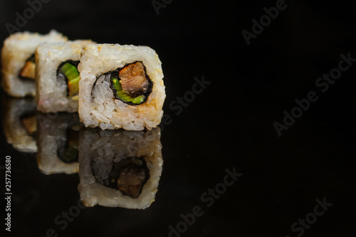 sushi rolls. Fresh and delicious portion - Sushi menu. Japanese food. food background. Top