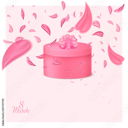 Fashionable sakura's flower box. Fashion accessory illustration in trendy soft colors for beauty salon, shop, blog print. Isolated symbol on pink background.