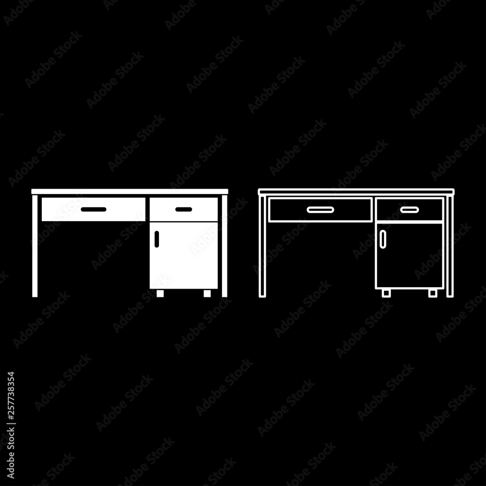 Desk Business office desk Written table Workplace in office concept icon set white color vector illustration flat style image Desk Business office desk Written table Workplace in office concept icon set white color vector illustration flat style image