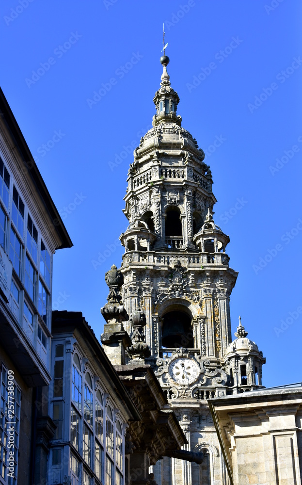 Cathedral, Santiago de Compostela, Spain. Baroque Clock Tower from nearby street.